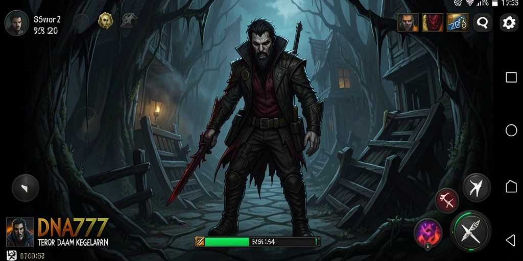 Screenshot gameplay DNA777 menampilkan suasana mencekam dan karakter mengerikan.