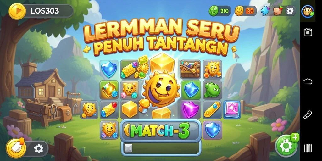 Tampilan permainan Match-3 yang menarik dan penuh warna.