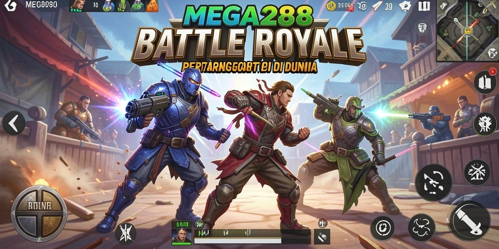Gameplay intens MEGA288 dalam pertempuran Battle Royale.