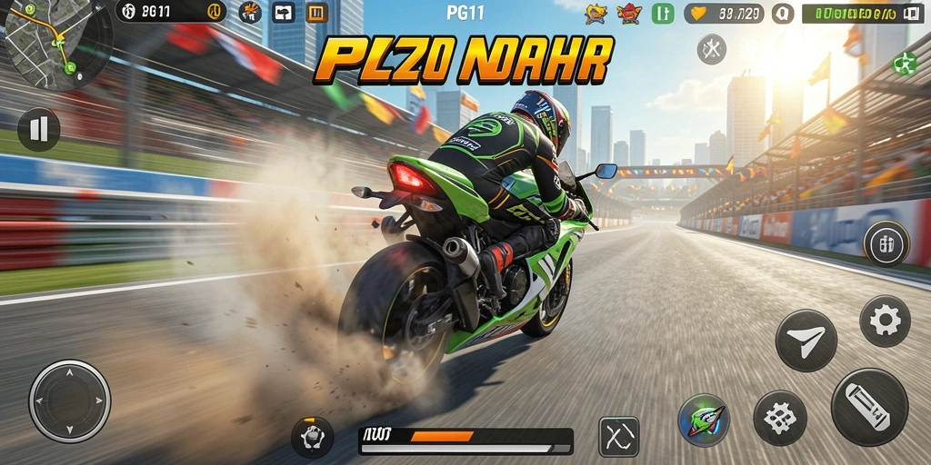 Tangkapan layar PG11 menampilkan aksi balapan motor yang mendebarkan.