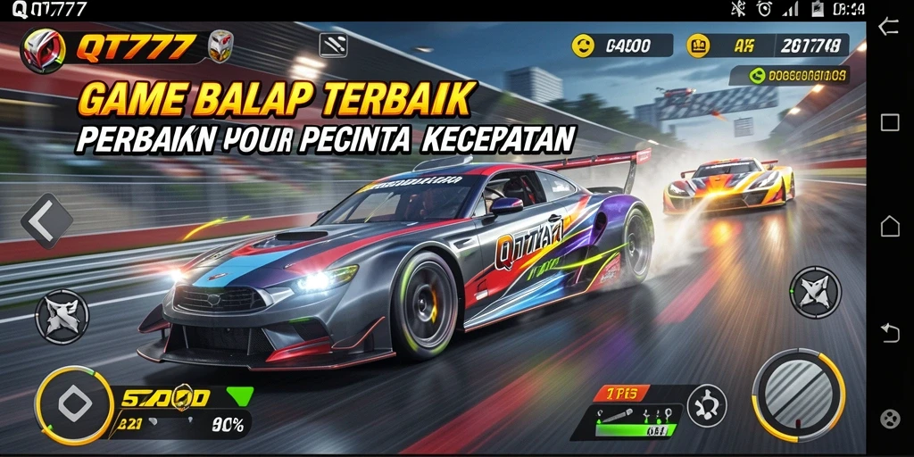 Screenshot gameplay QT777 menunjukkan aksi balap yang mendebarkan dan mobil yang menakjubkan.