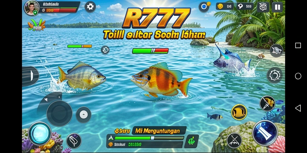 Tangkapan layar gameplay RR777 menampilkan petualangan menangkap ikan yang seru.