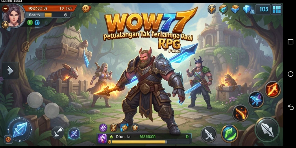Tampilan gameplay <strong>WOW77</strong> dengan karakter petualang yang melawan monster epik.