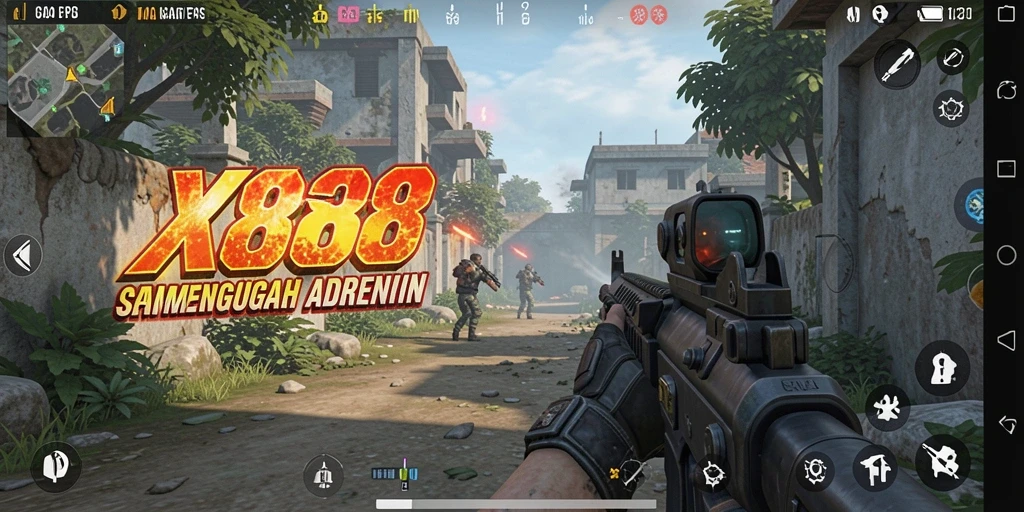 Screenshot gameplay X88 menampilkan aksi menembak yang intens dan grafis tajam.